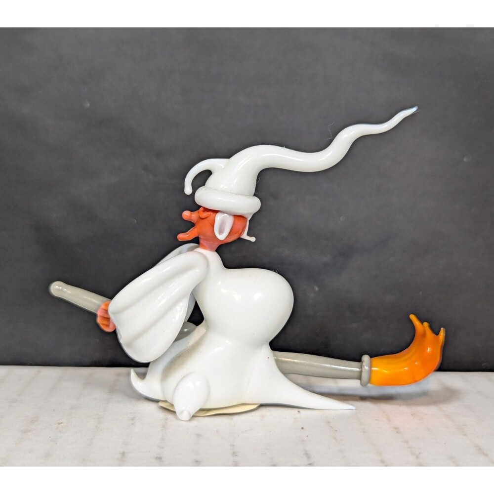 Murano Glass Epiphany Befana Witch on Broom Glass Figurine White Orange 2.5"